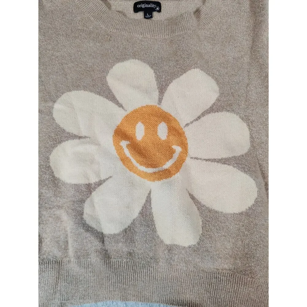 Originality Large long sleeve smiley face daisy checked boxy sweater tan cream